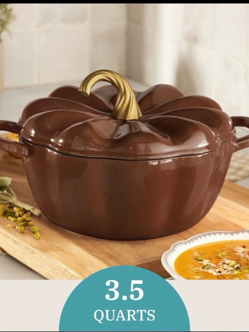 The Pioneer Woman Brown Pumpkin Dutch Oven with Gold Stem